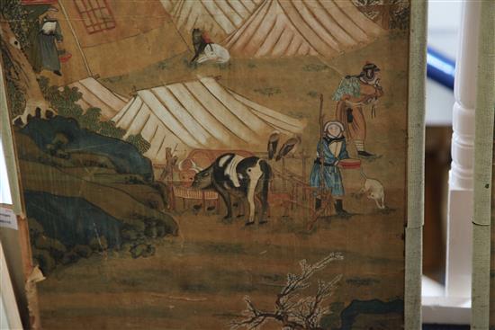 Chinese School Figures in mountain landscapes, 57 x 19in.